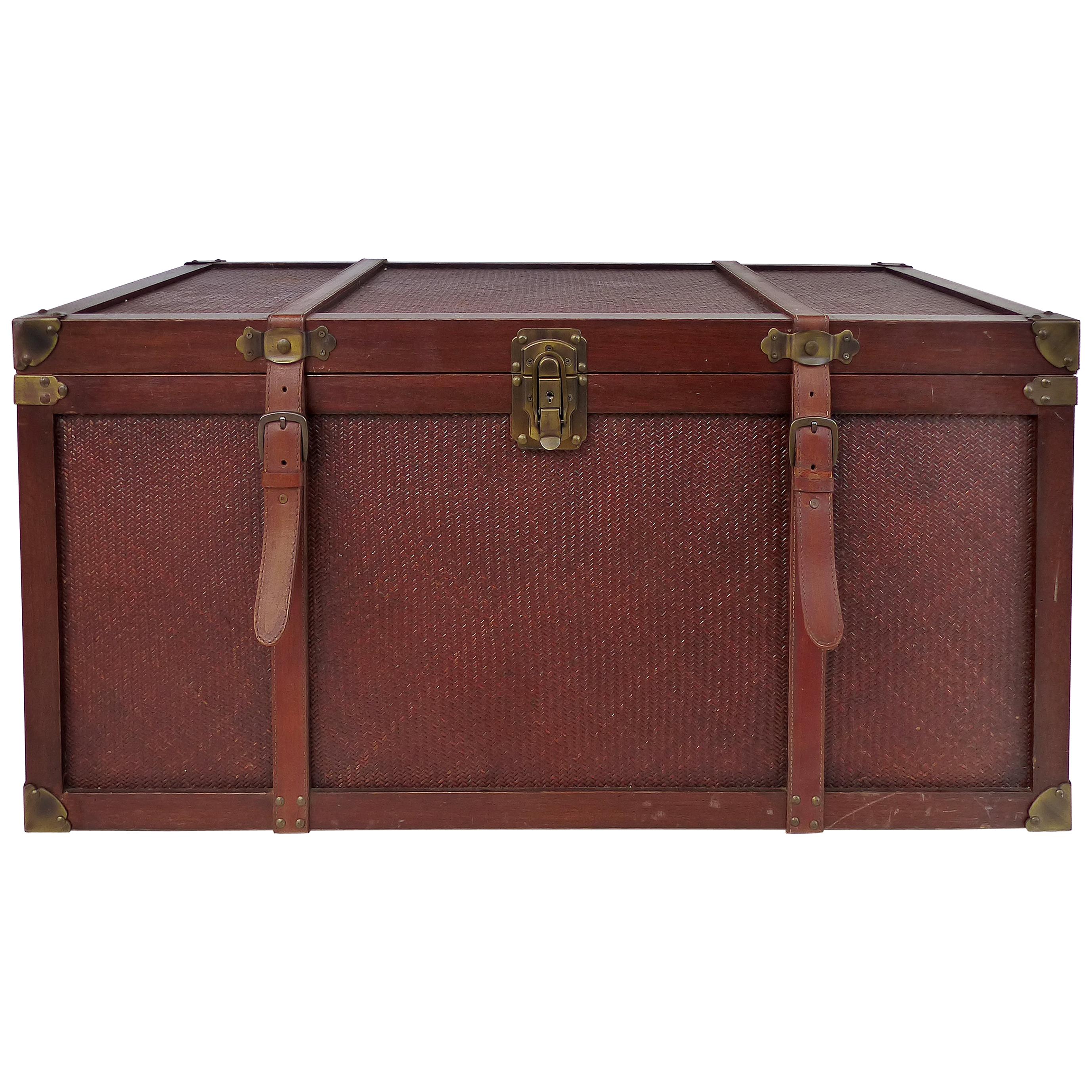 Wood and Woven Reed Blanket Chest with Brass Hardware and Leather Handles