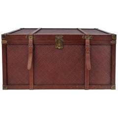 Retro Wood and Woven Reed Blanket Chest with Brass Hardware and Leather Handles