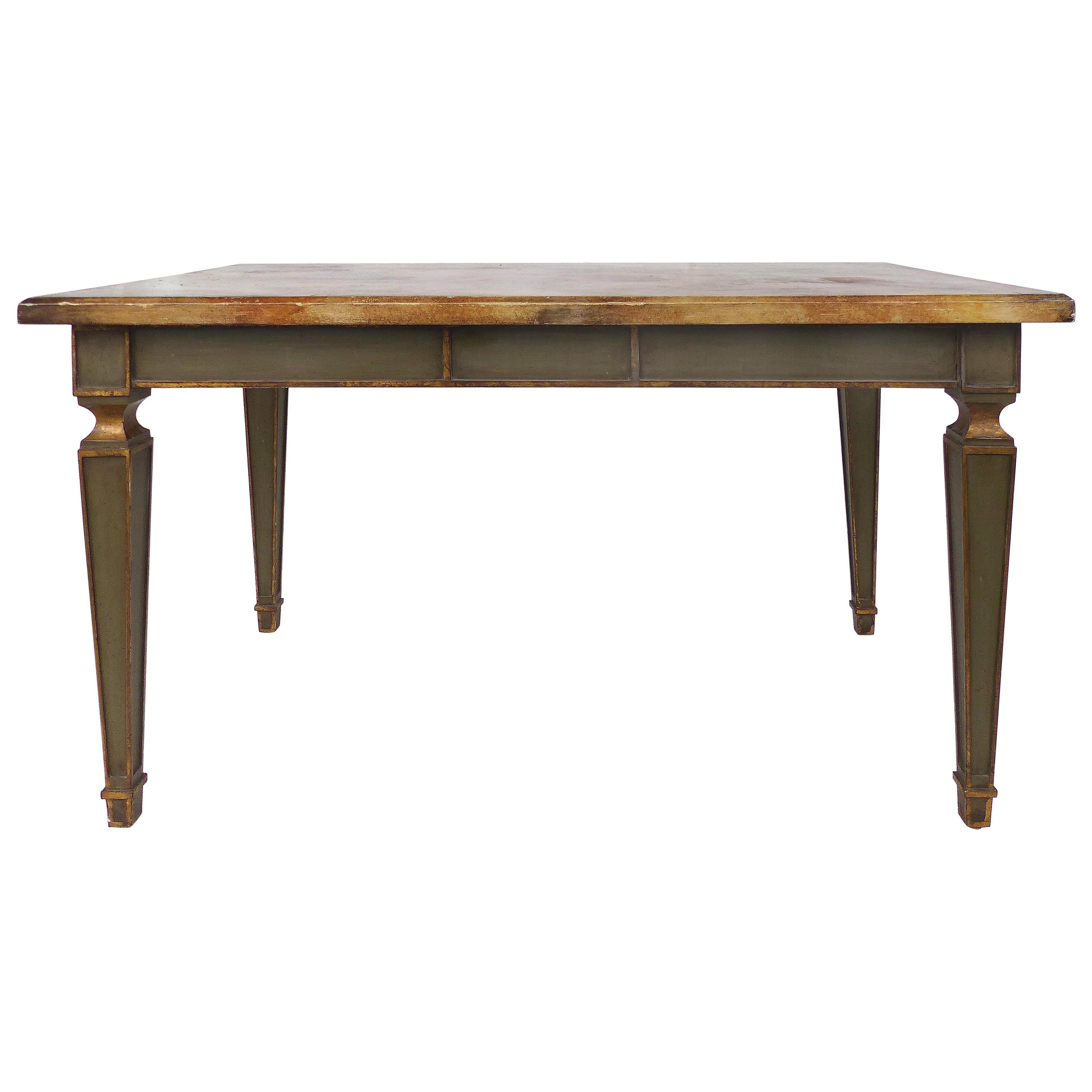 Faux Painted Writing Library Table with Green and Gilt Tapering Legs