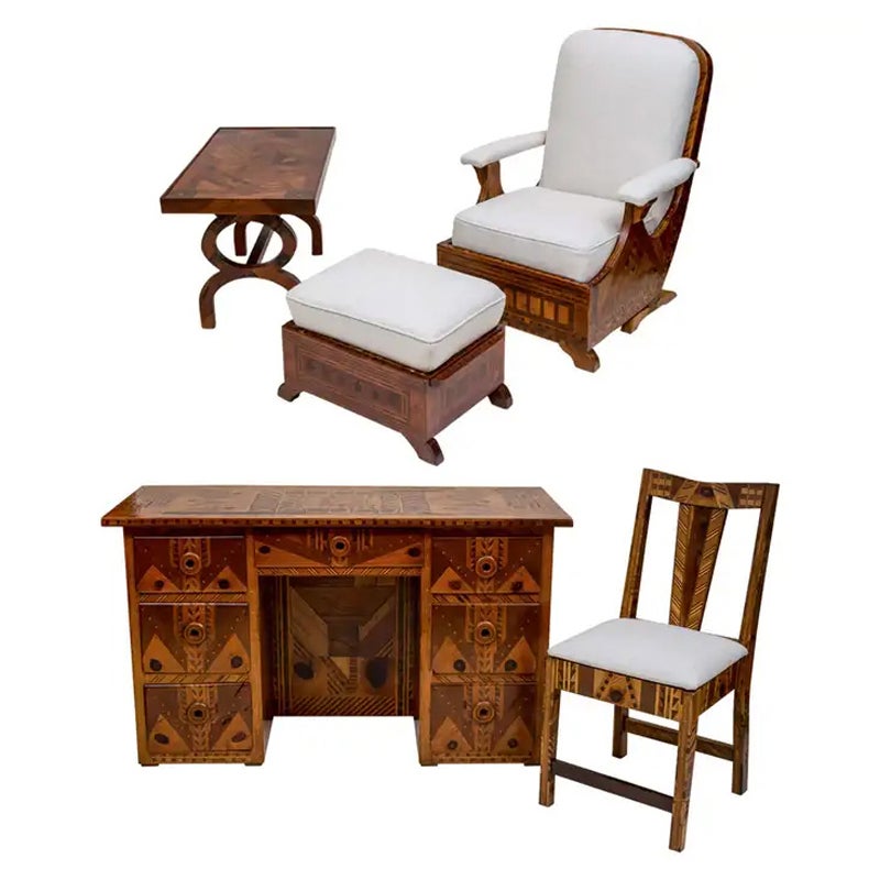 American Folk Art Marquetry Furniture, Suite of Five Pieces For Sale