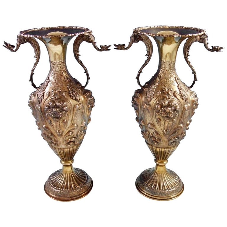 Camusso Peruvian Sterling Silver Vases Pair With Applied Winged