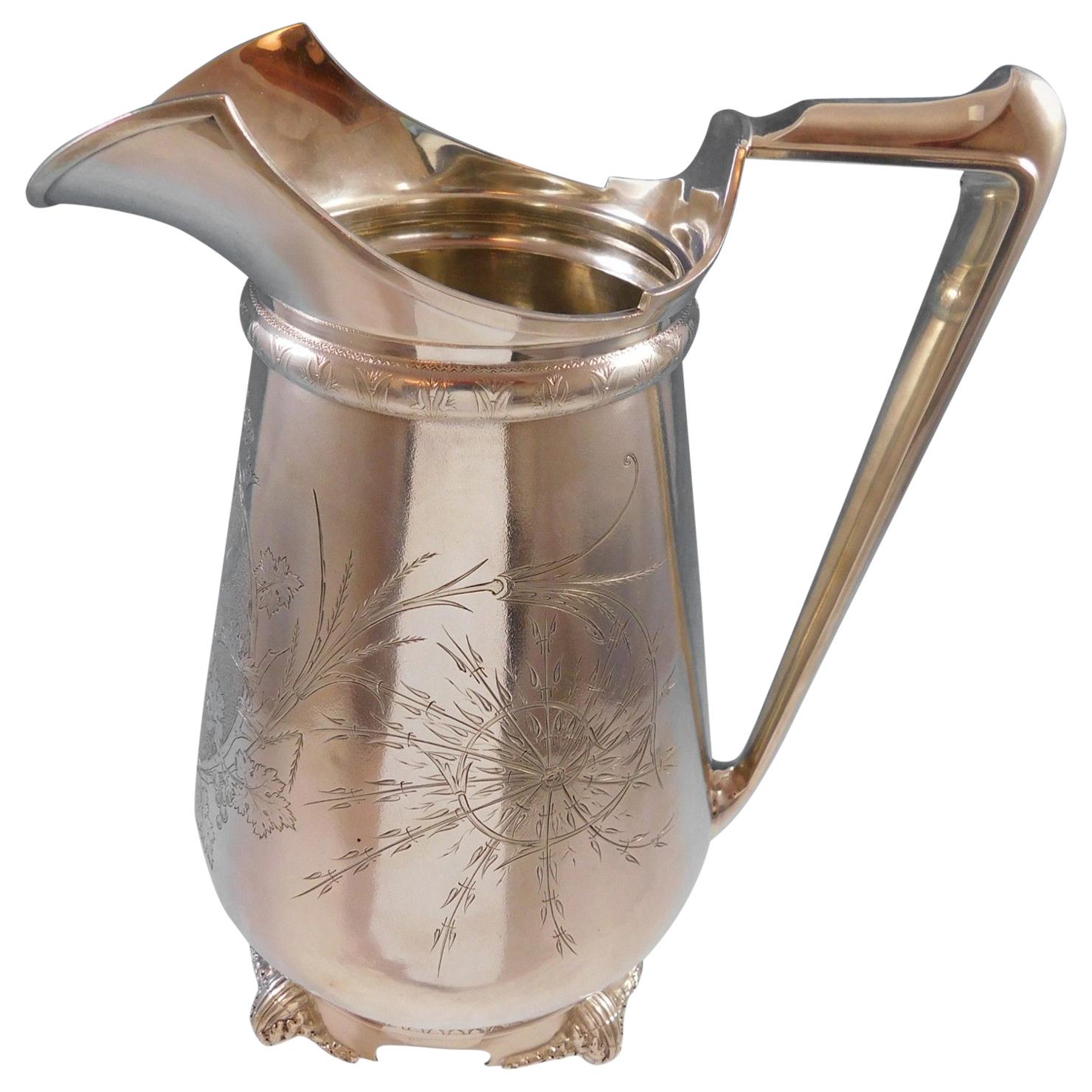 Gorham Sterling Silver Water Pitcher with Engraved Cherub and Grapes For Sale