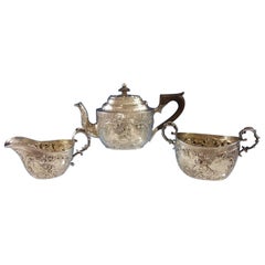 Antique German, .800 Silver Tea Set of 3-Piece Figural Repoussed Cupids and Flowers