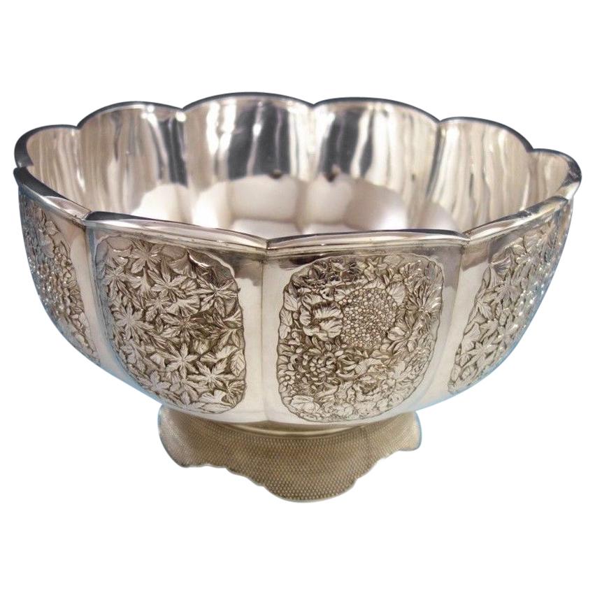 Japanese .950 Silver Centerpiece Bowl with Flowers Leaves Butterflies