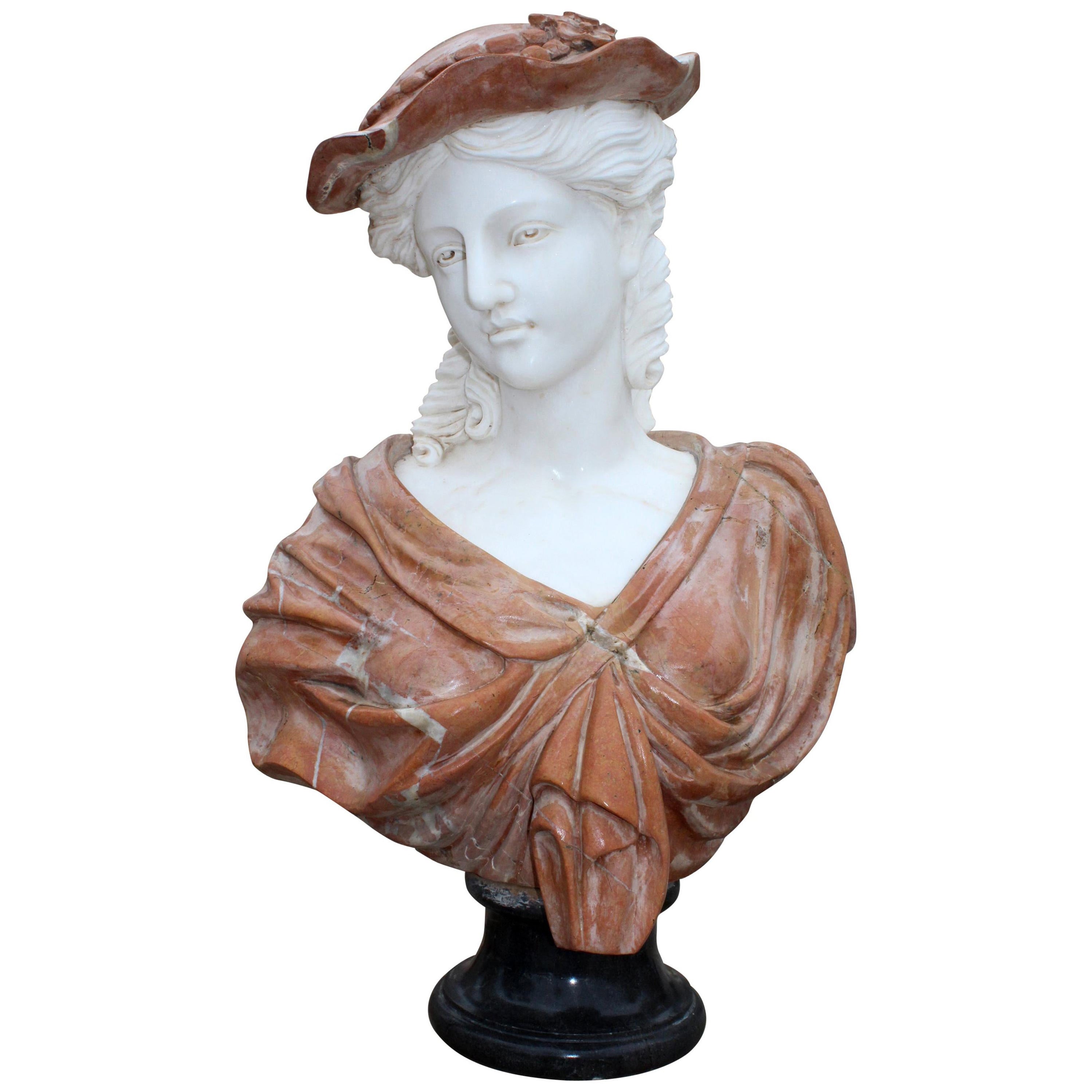 1990s Bust of Woman Hand Carved in Carrara White and Alicante Red Marble For Sale