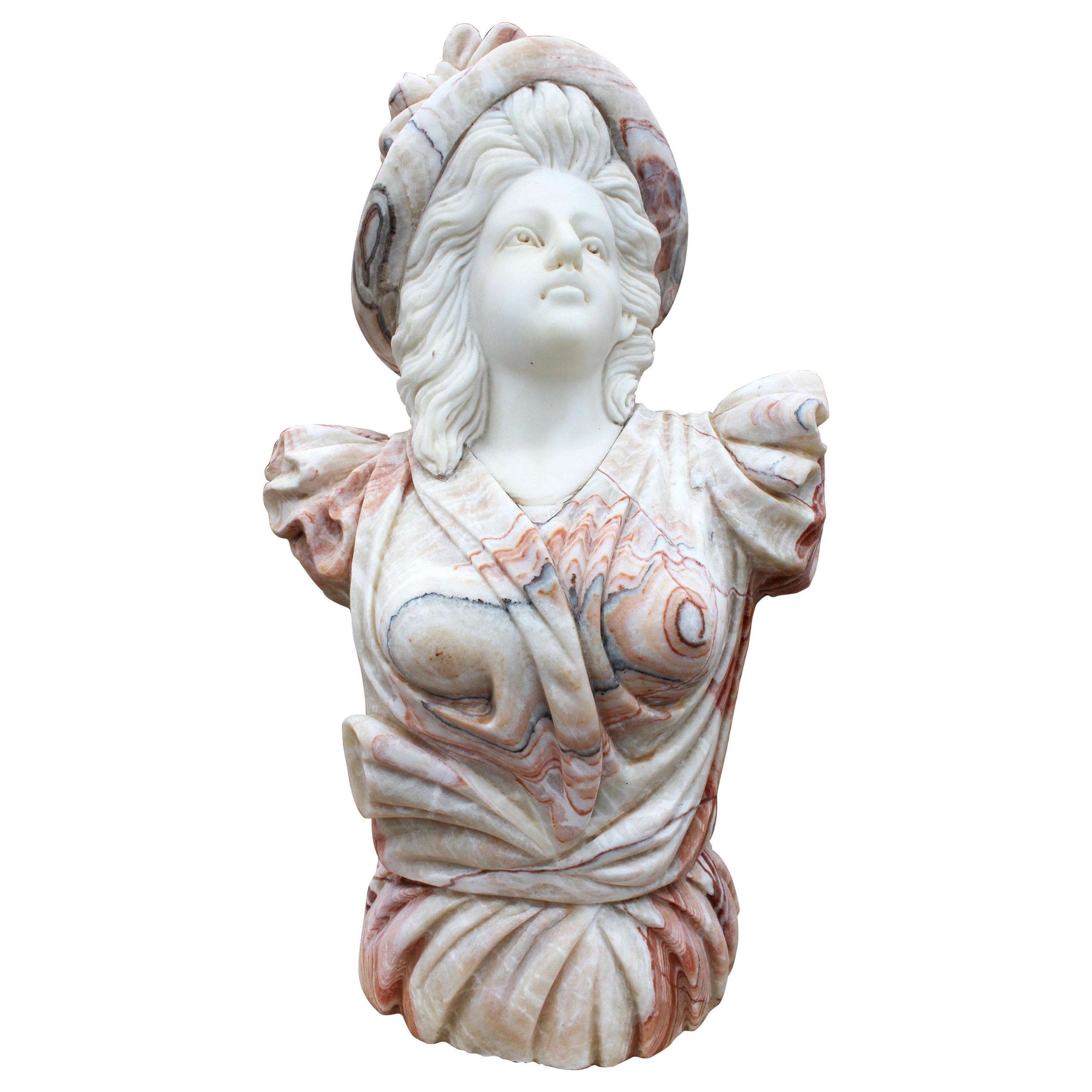 Hand Carved White Carrara Marble and Onyx Bust of a Romanticist Woman