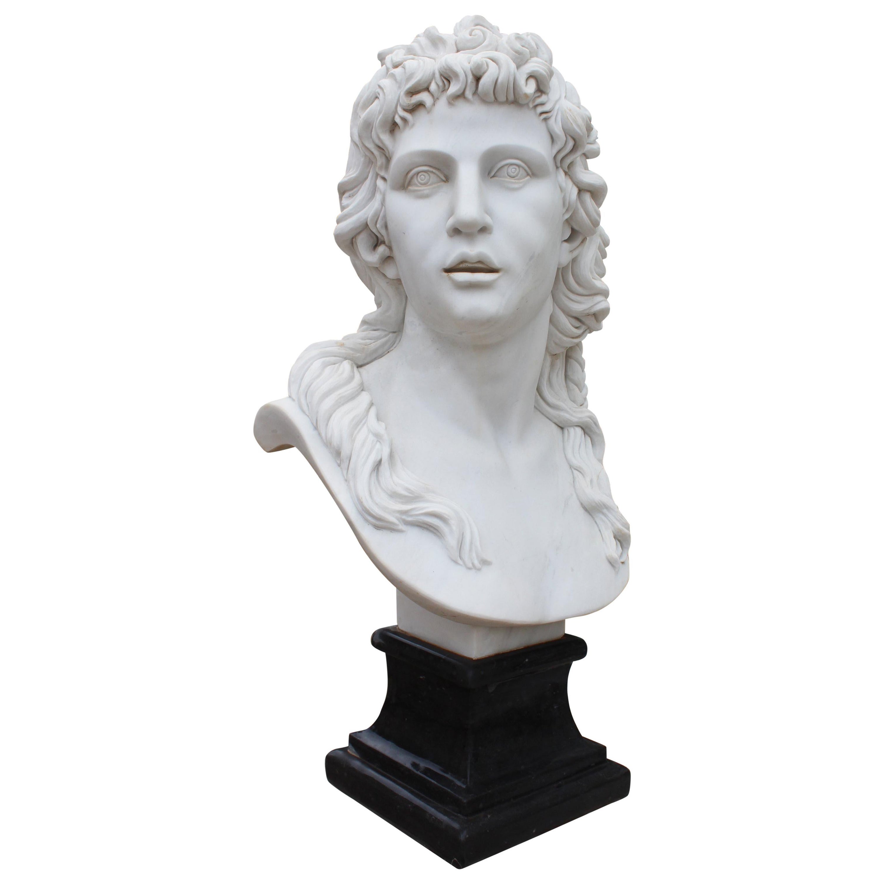 Classical Hand Carved White Marble Female Bust with Black Marble Base