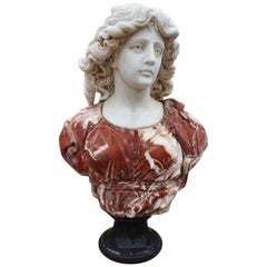 1990s Bust of Woman Hand Carved in Carrara White and Alicante Red Marble