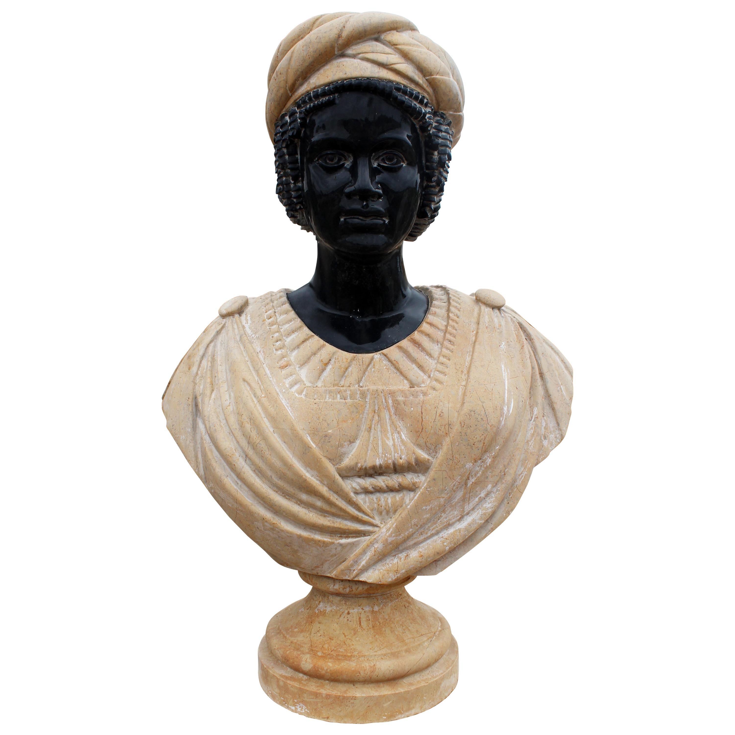 Hand Carved Bust of Desdemona in Black Belgian Marble and Brown Limestone