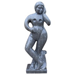 1990s Polished Modern Figurative Woman Sculpture in Pure Belgian Black Marble