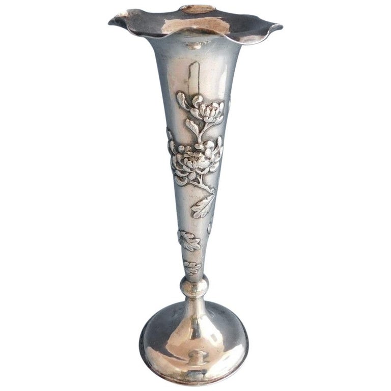Chinese By Export Sterling Silver Bud Vase With Repoussed