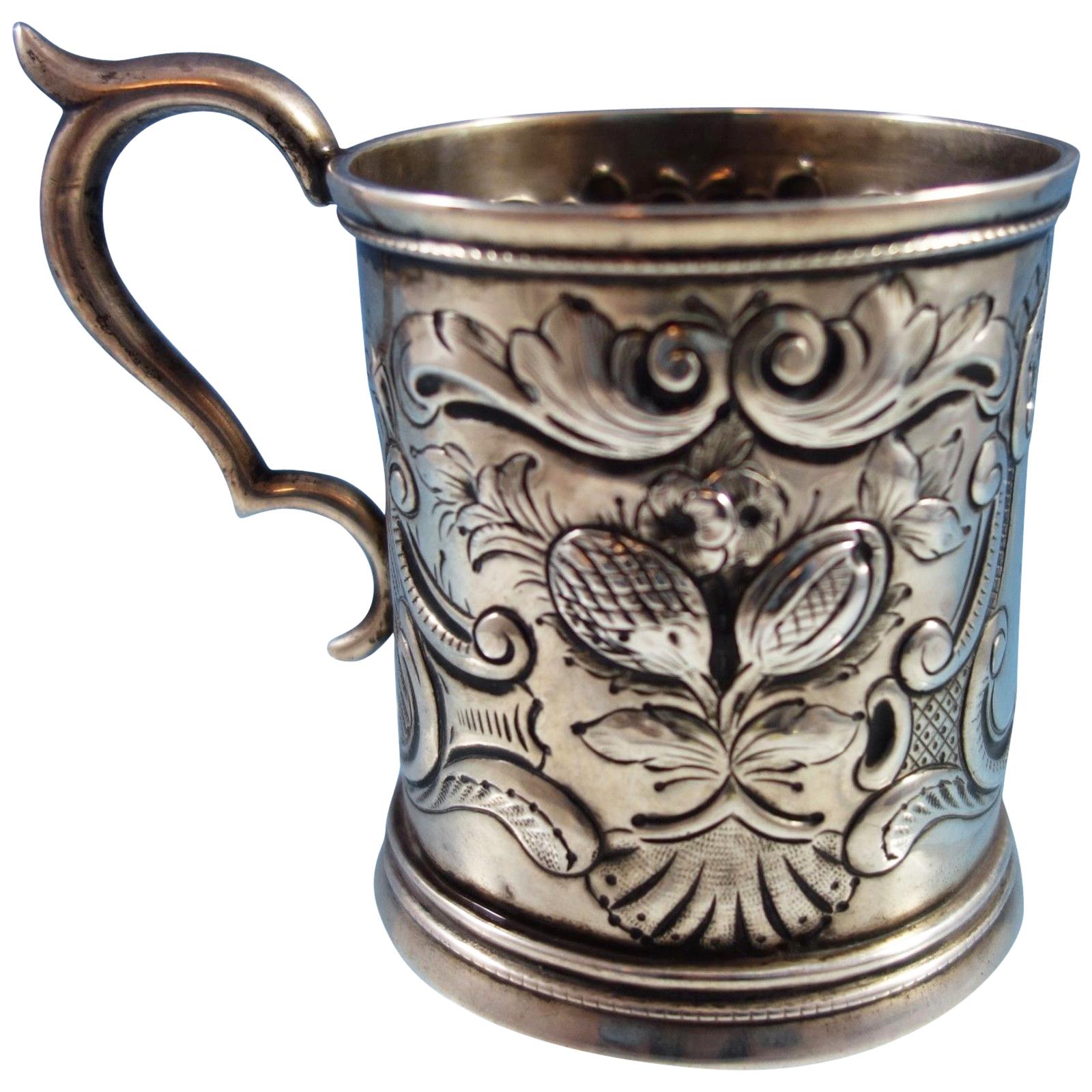 Coin Silver Baby Cup with Repoussed Fruit and Scrollwork