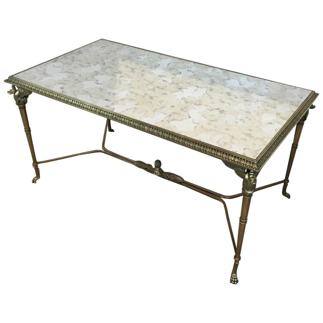 Neoclassical Bronze and Brass Coffee Table with Swanheads & Faux-Antique Mirrors