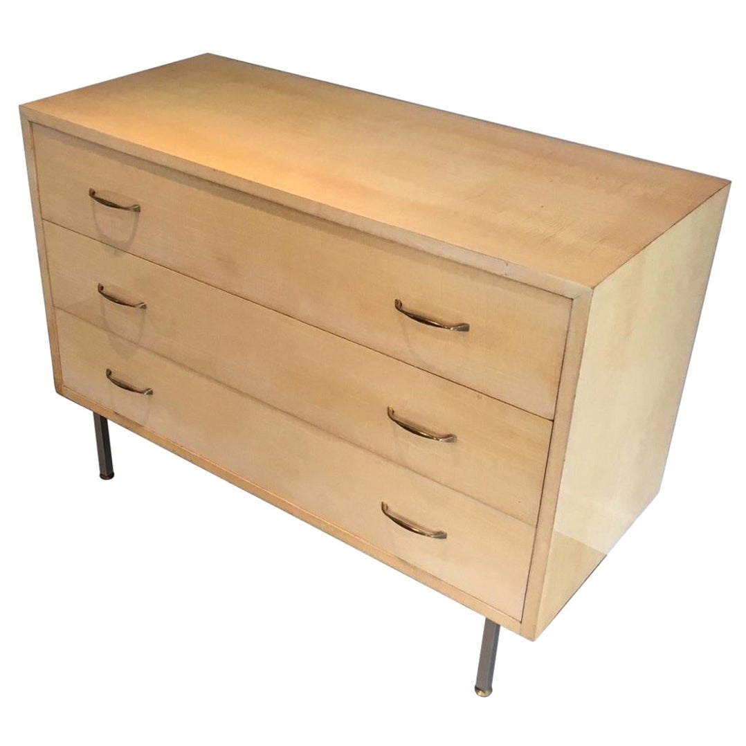Elegant Egg Shell Lacquered Commode with Brushed Steel Feet In the Styl of Knoll For Sale