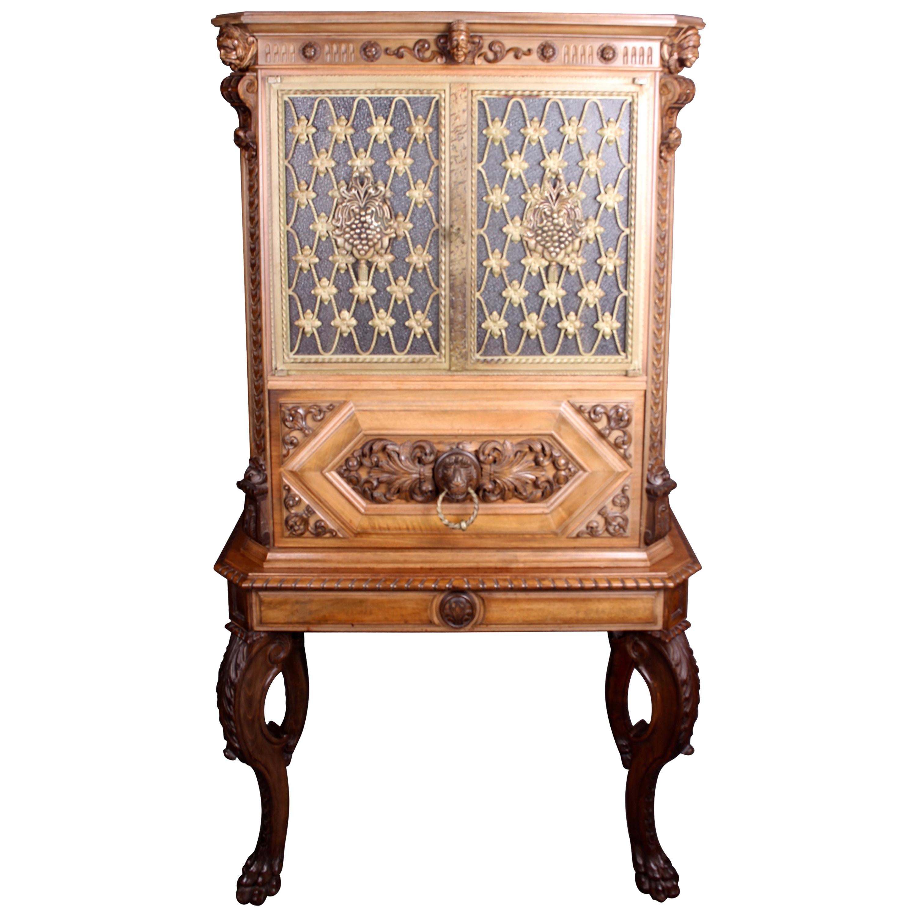 Fine Italian Carved Walnut Cocktail Cabinet For Sale