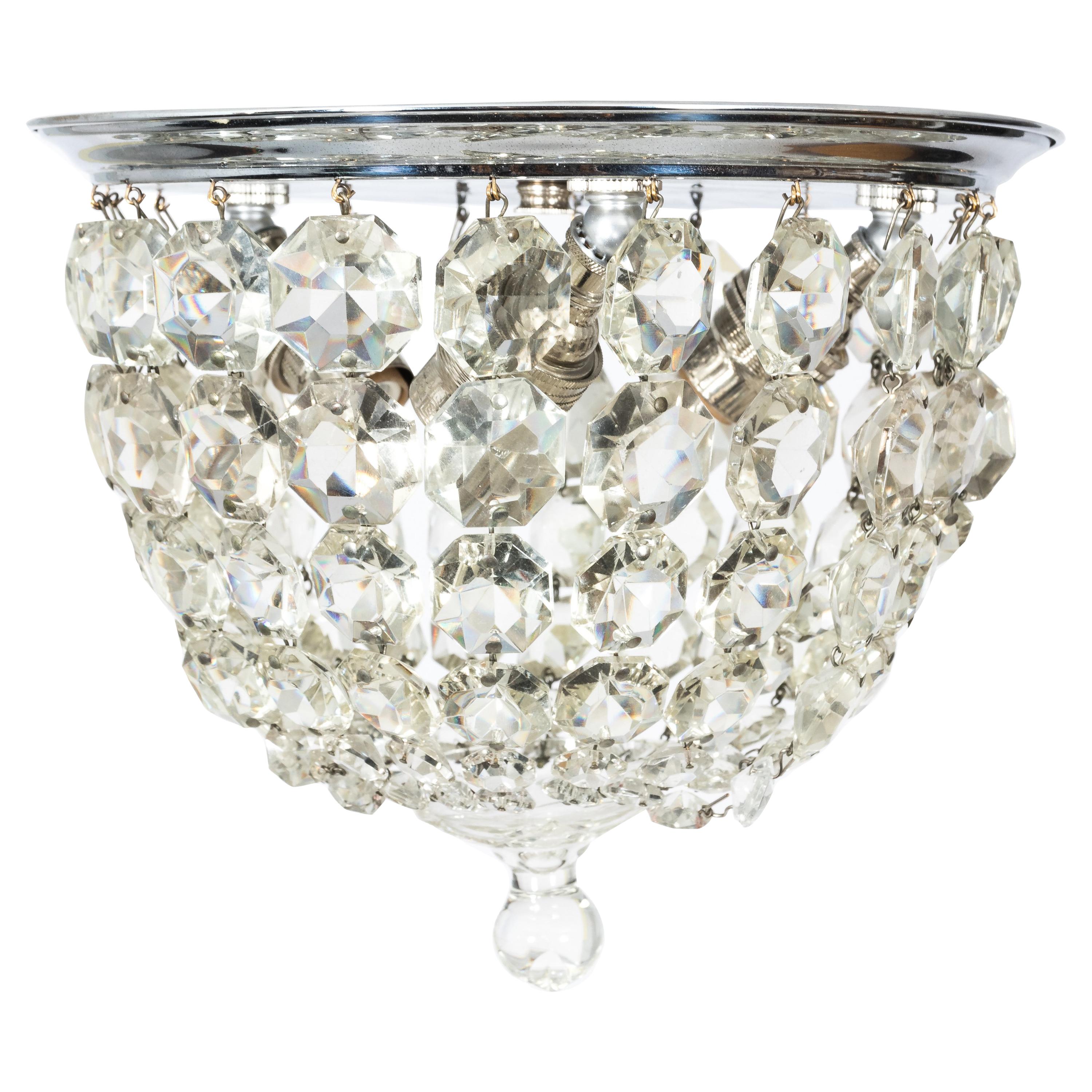 1930s Crystal Basket Nickel Neoclassical Flush Mount Light
