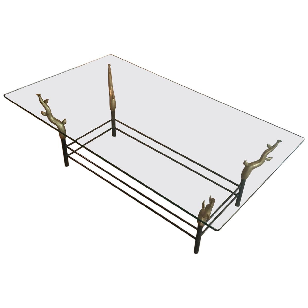 Wrought Iron and Bronze Coffee Table Representating Trees, French, circa 1970 For Sale