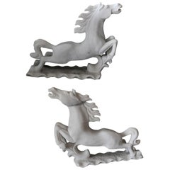 Pair of Italian Late Art Deco White Carrera Marble Figures of Stallions