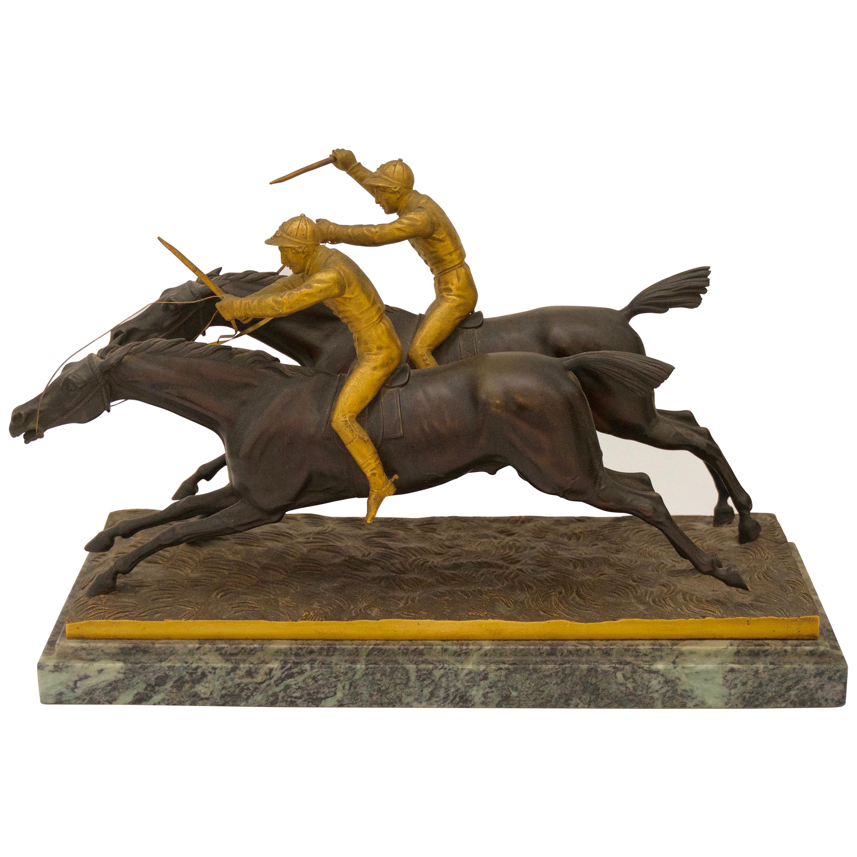 Sculpture en bronze de deux chevaux de course