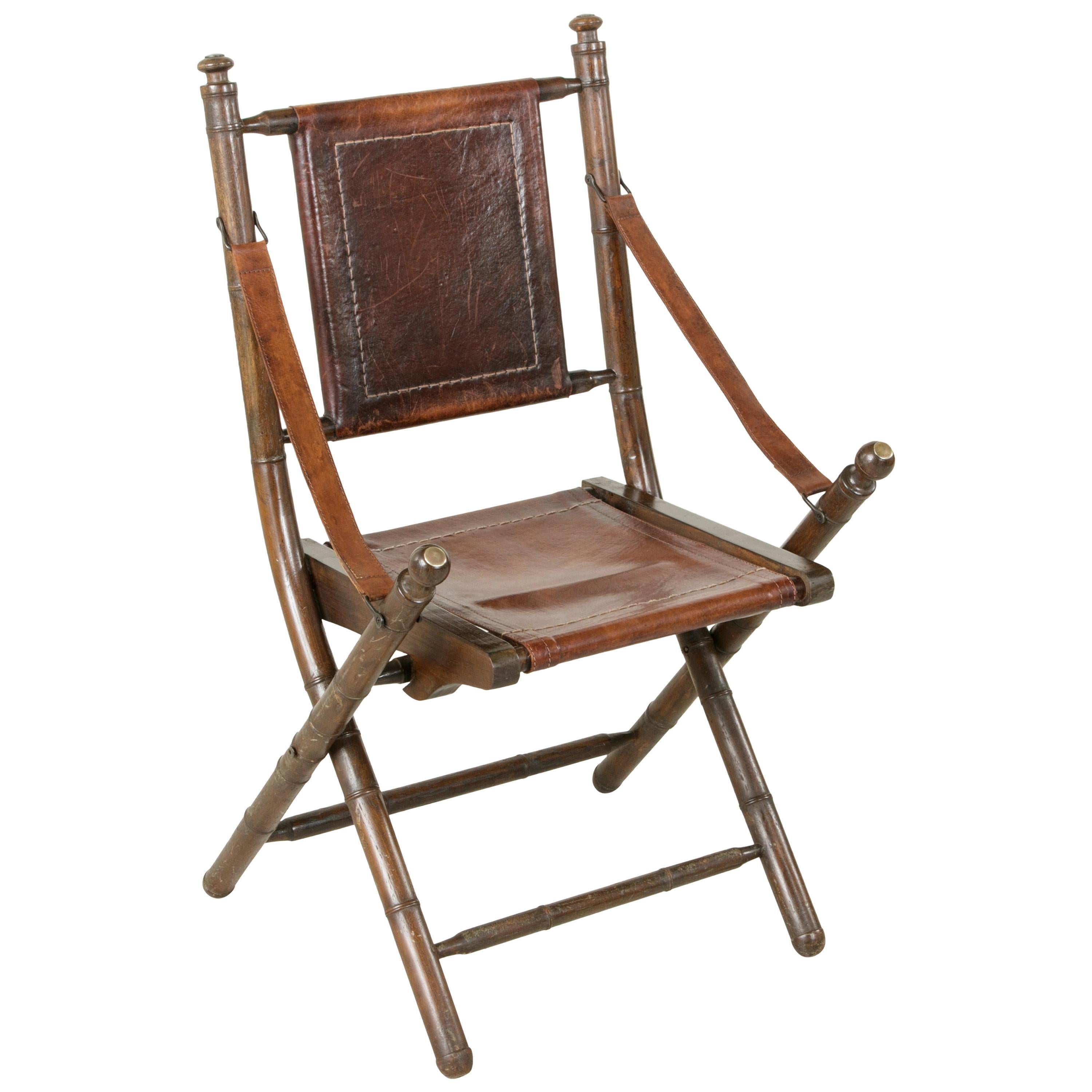 French Colonial Walnut Faux Bamboo Folding Deck Chair, circa 1900