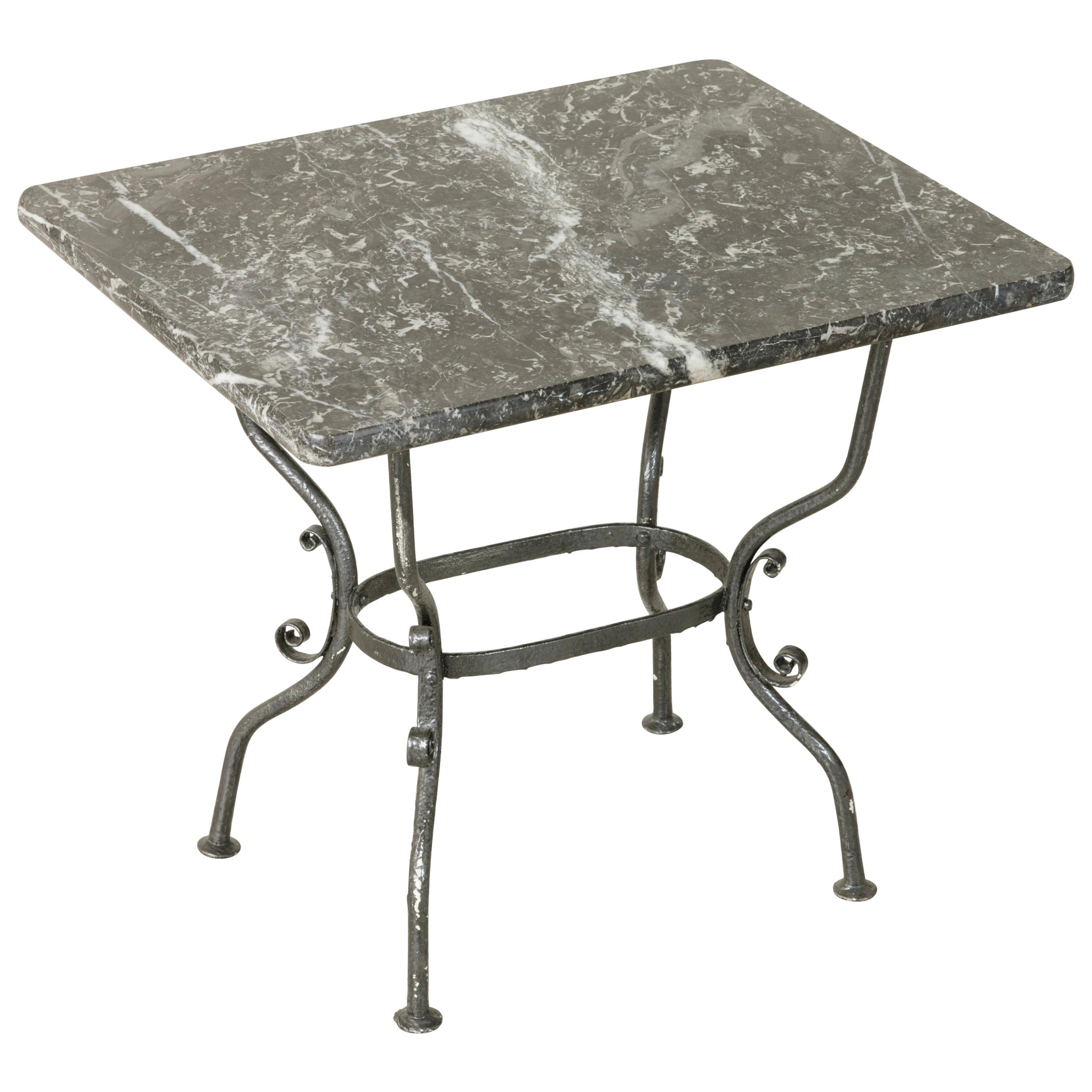 Small Midcentury French Hand Forged Iron Side Table, End Table with Marble Top