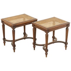 Pair of Early 20th Century French Louis XVI Style Walnut Benches, Caned Seats