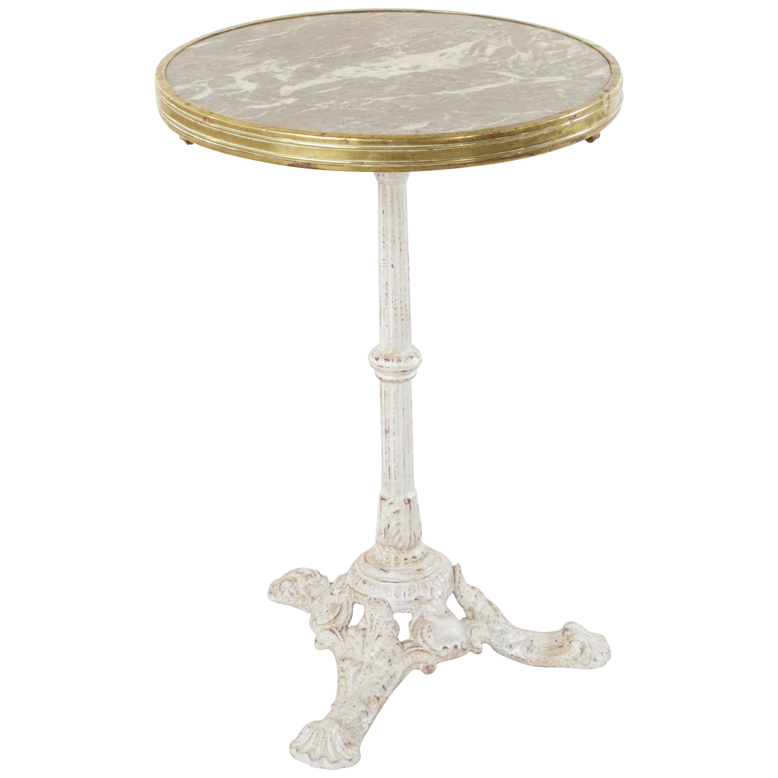 French Cast Iron Bistro Table with Marble Top and Brass Rim, circa 1900