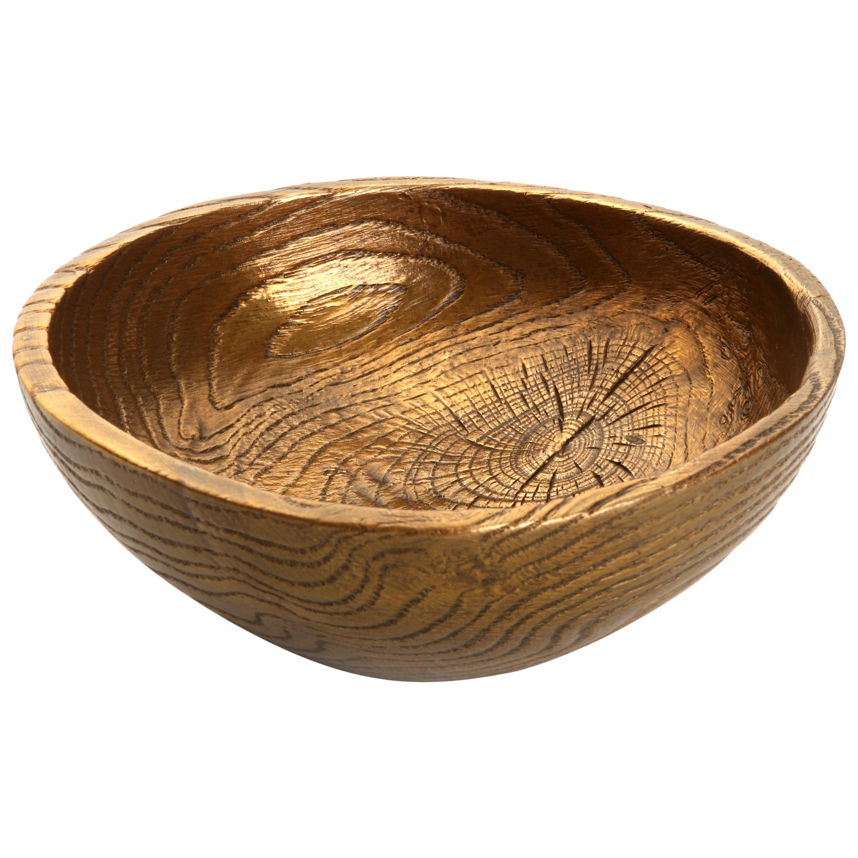 Solid Bronze "Flora" Bowl / Catchall with Wood Texture and Gold Bronze Patina For Sale