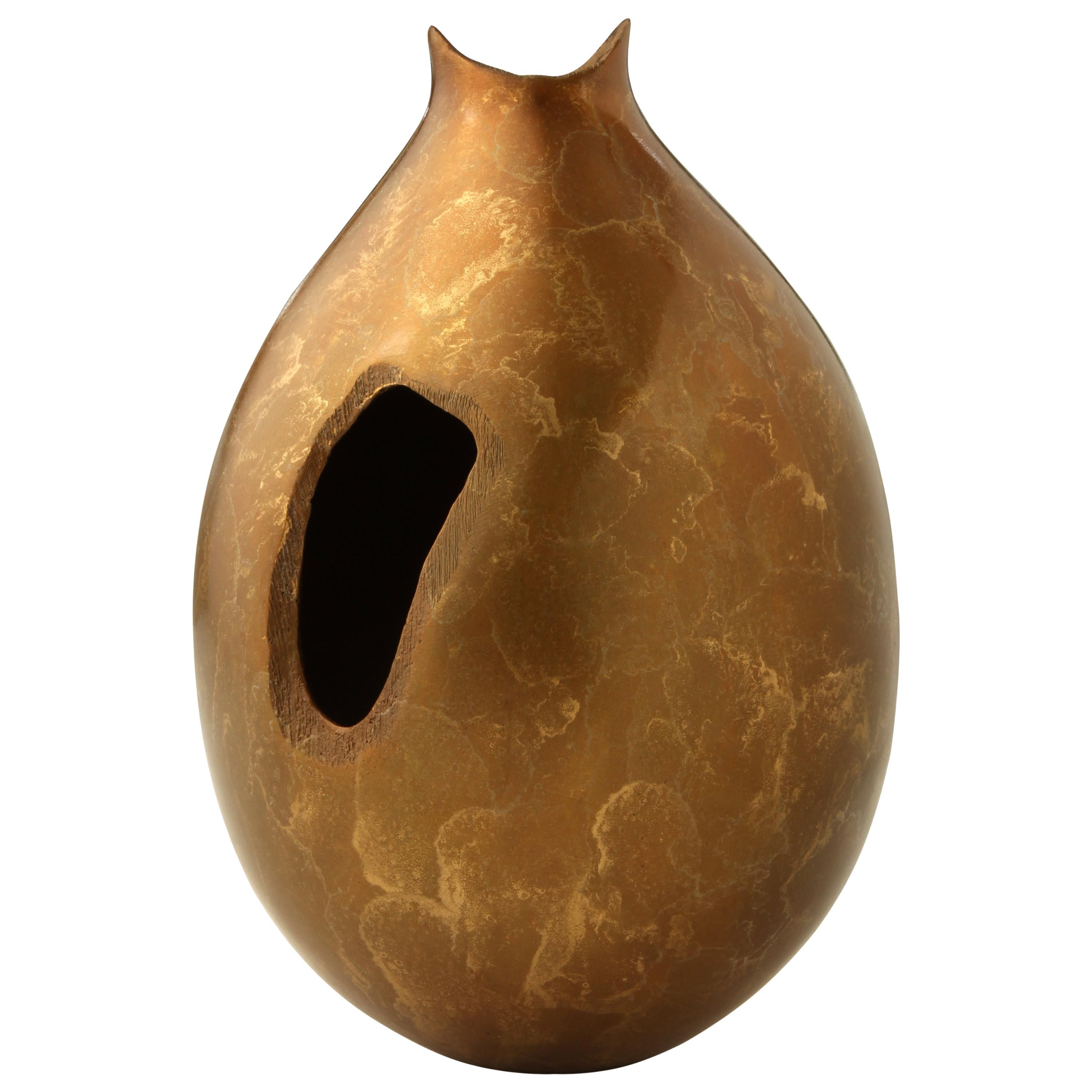 Solid Bronze "Aspen" Vase / Vessel with Organic Shape and Gold Patina, in Stock For Sale