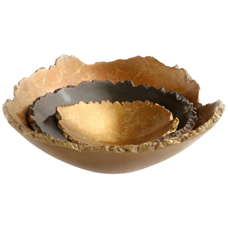 Solid Bronze "Burl" Nesting Bowls / Vessels Set with Natural Edge, in