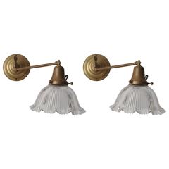 Antique Pair of Brass Swing-Arm Sconces with Holophane Shades
