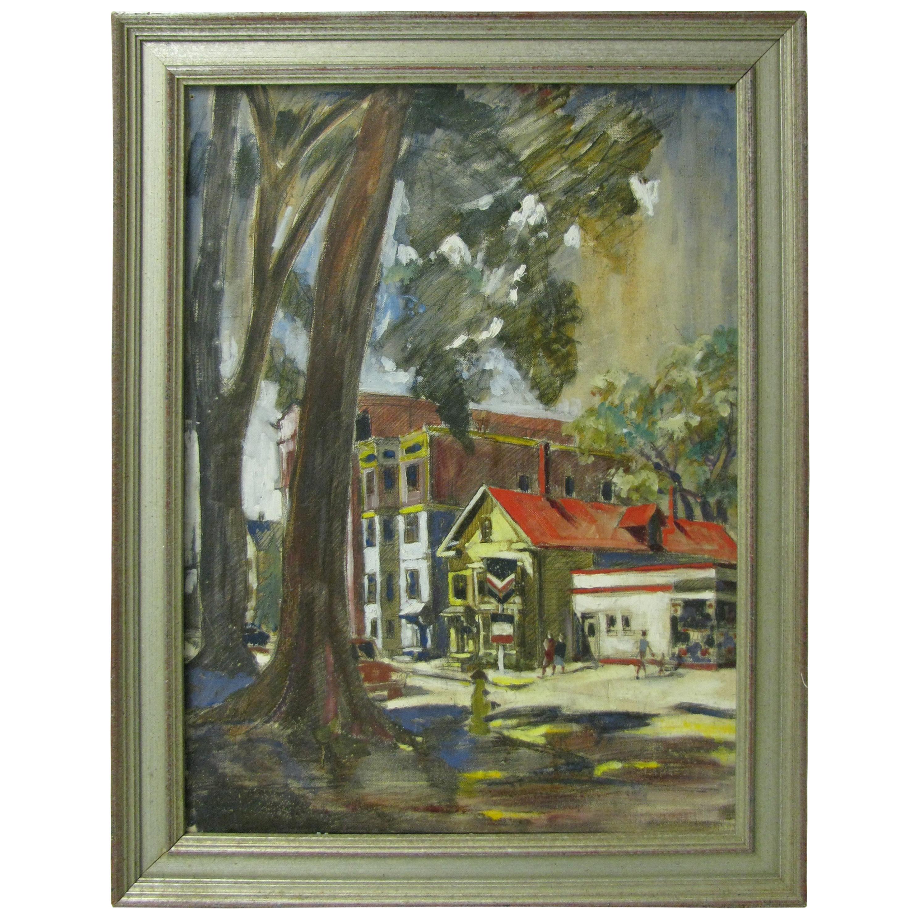 Mid Century New England Cape Cod Street Scene with Gas Station, circa 1960 For Sale