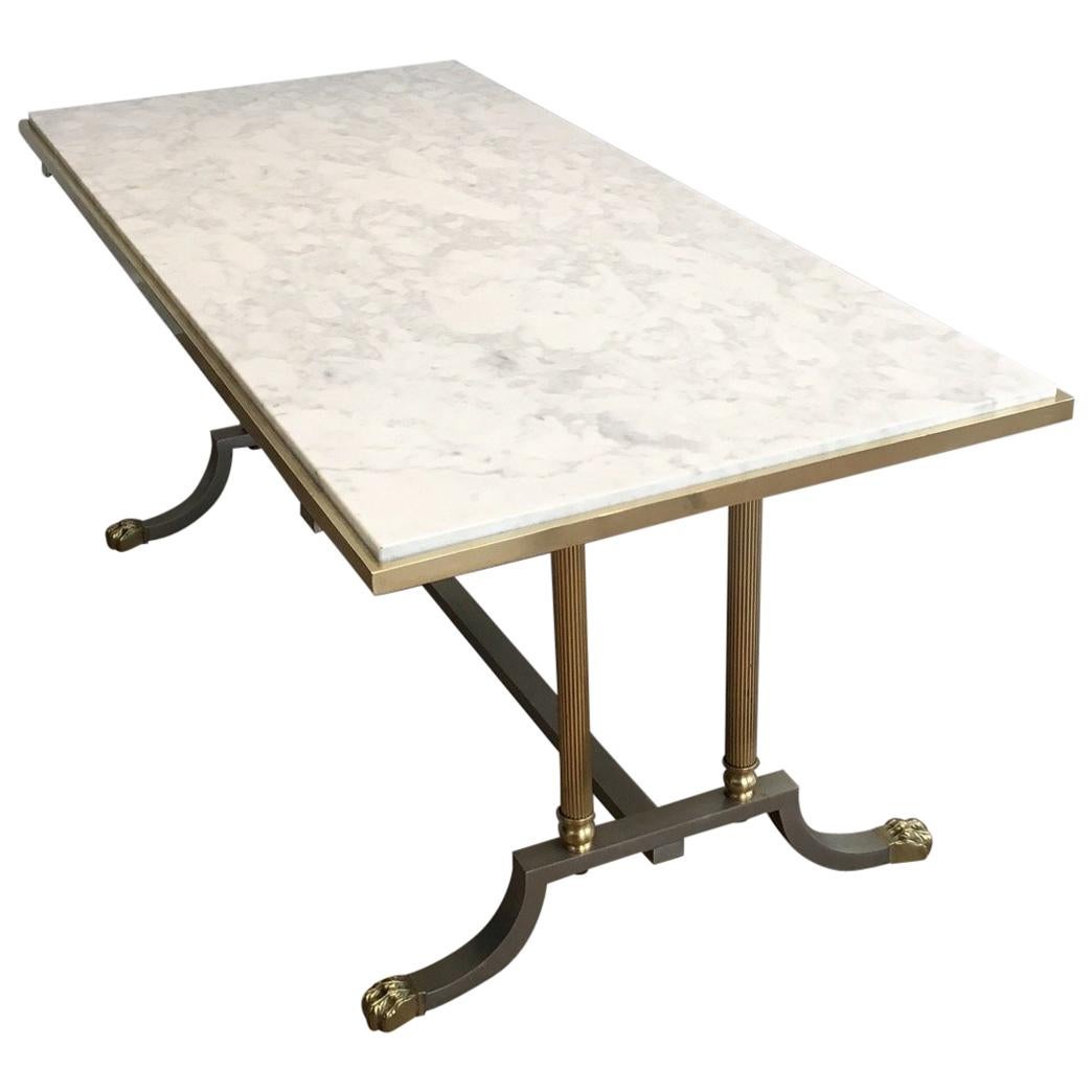 Brushed Steel and Brass Lion Feet Coffee Table with White Marble Top, circa 1940