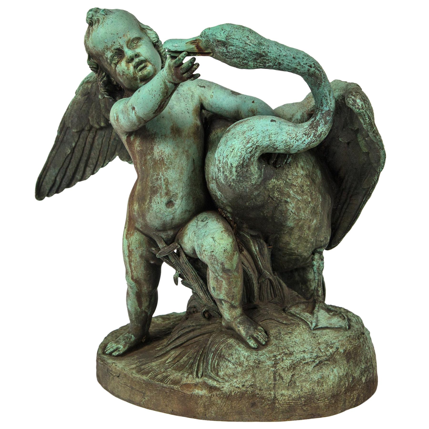 Bronze Putto  with a Swan Signed For Sale