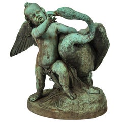 Bronze Putto  with a Swan Signed