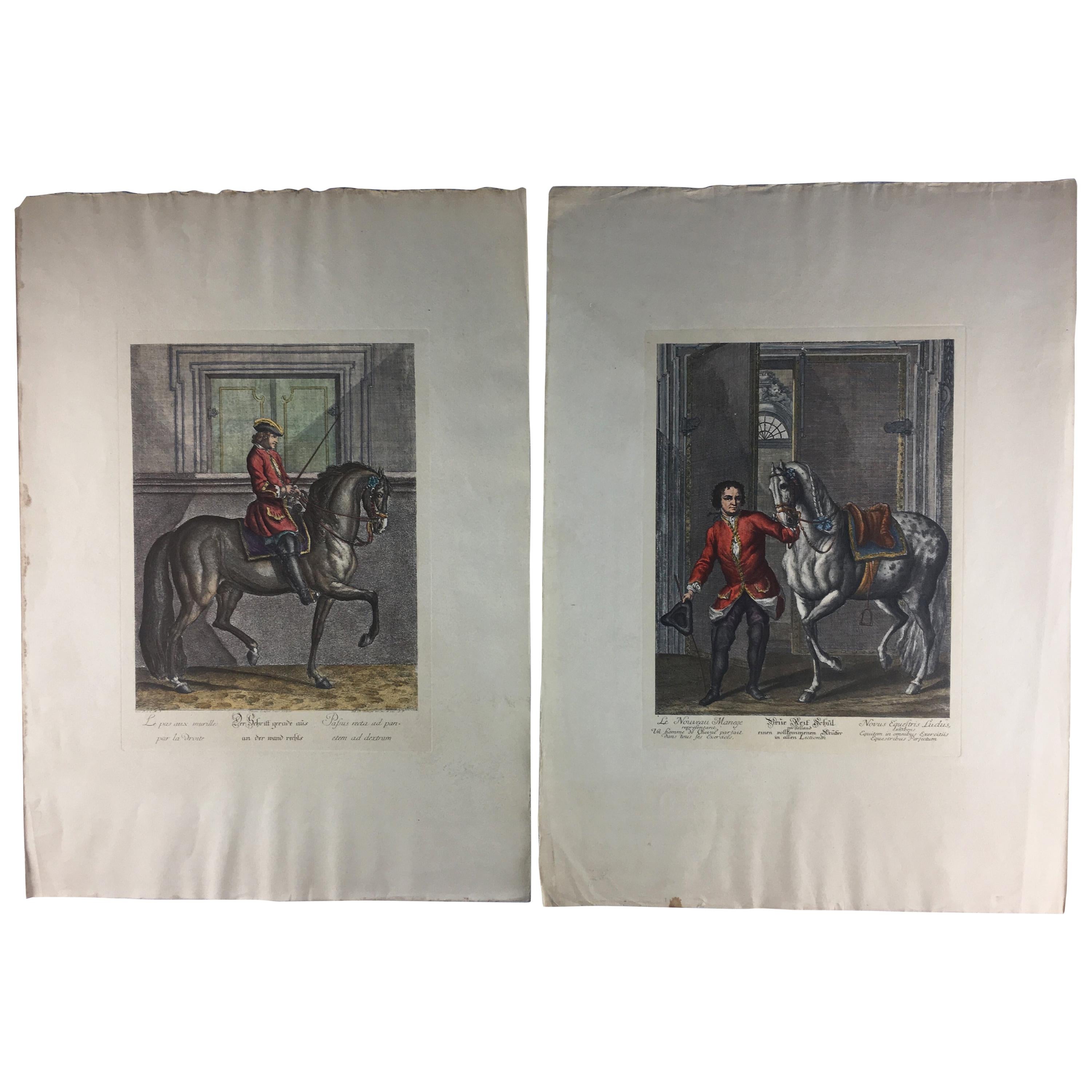 Pair of Engraving Prints of Horses and Riders in Dressage Poses