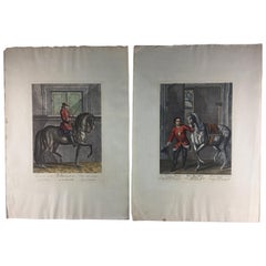 Paire de gravures de chevaux et de cavaliers en position de dressage