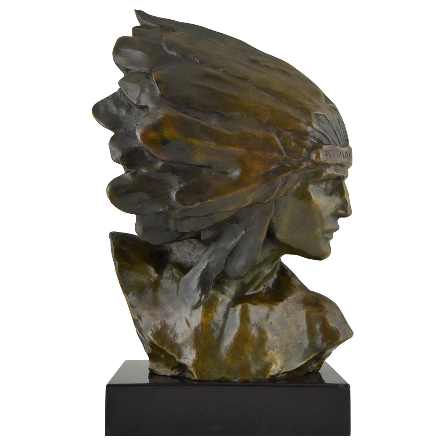 Art Deco Bronze Bust of an Indian with Headdress Louis Sosson France  1930