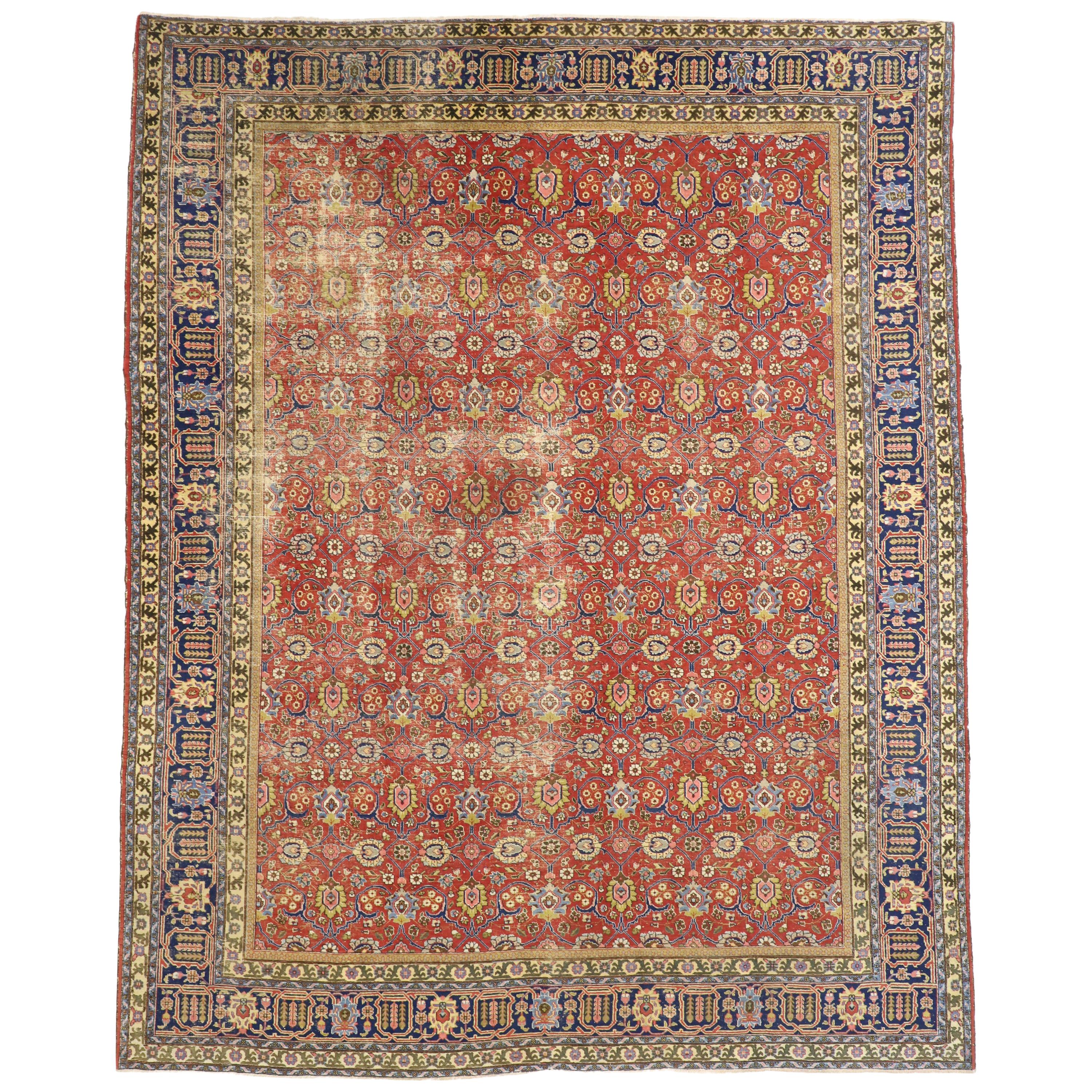 Distressed Vintage Persian Tabriz Area Rug with Relaxed Federal Style For Sale