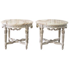 20th Century Carved Rose Swag Louis XVI Style Side Tables with Onyx Top