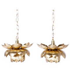 Vintage Pair of Brass Lotus Pendants or Light Fixtures, Priced Individually