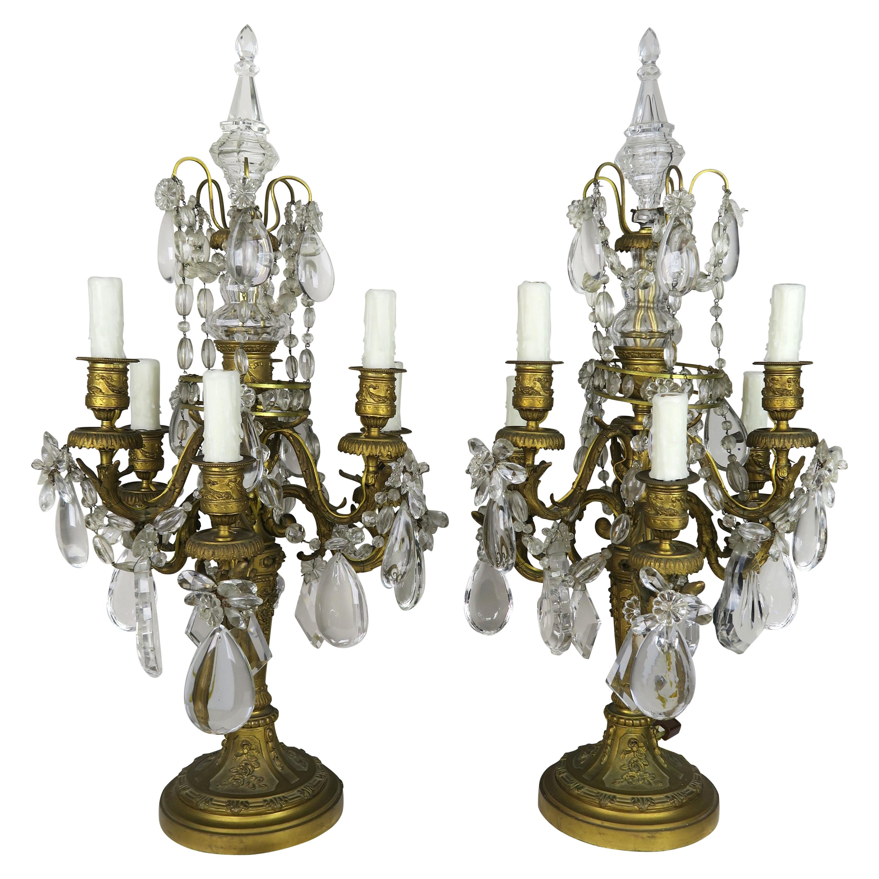 19th Century French Bronze and Crystal Girandles, Pair For Sale