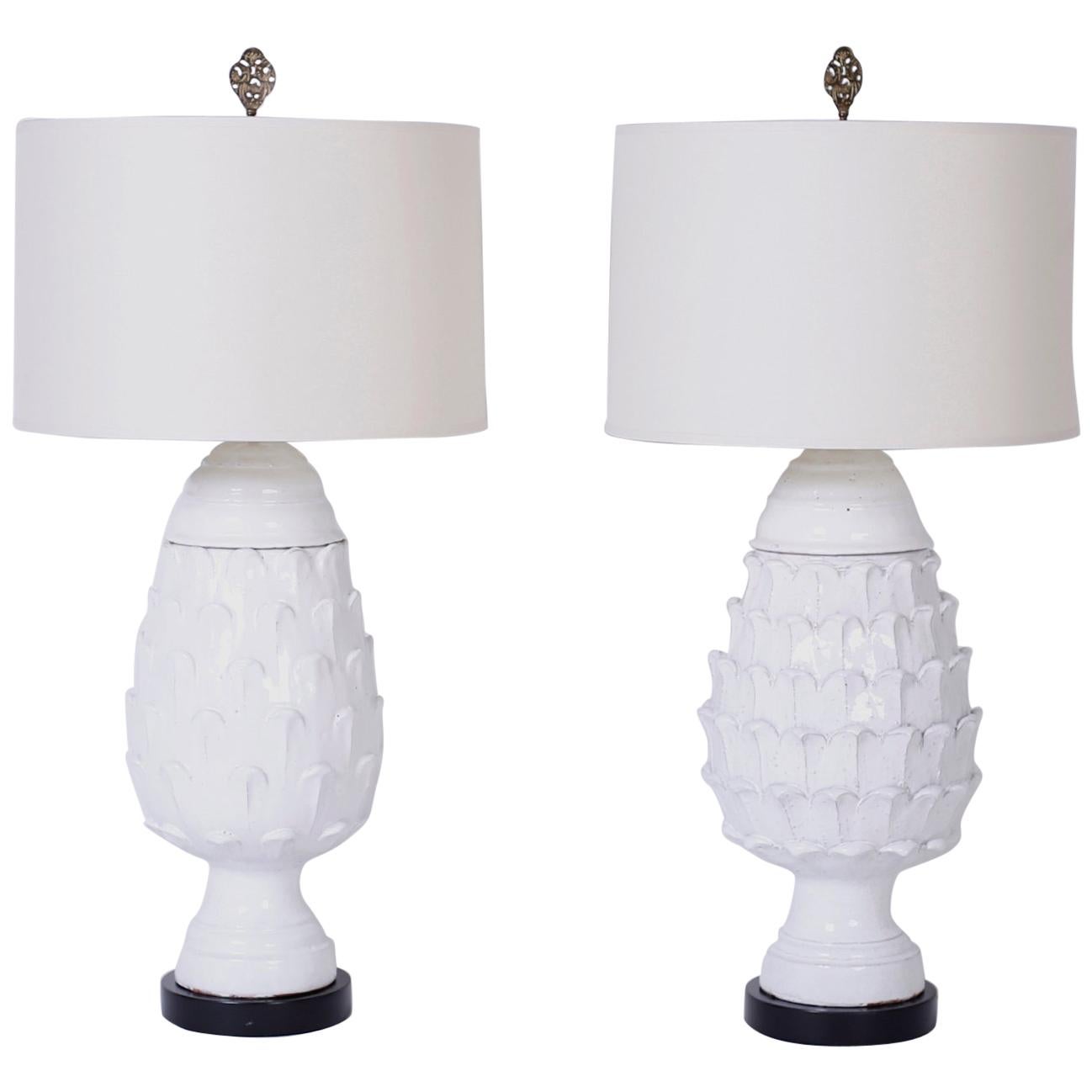 Large Pair of Midcentury White Glazed Artichoke Table Lamps