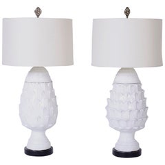 Vintage Large Pair of Midcentury White Glazed Artichoke Table Lamps