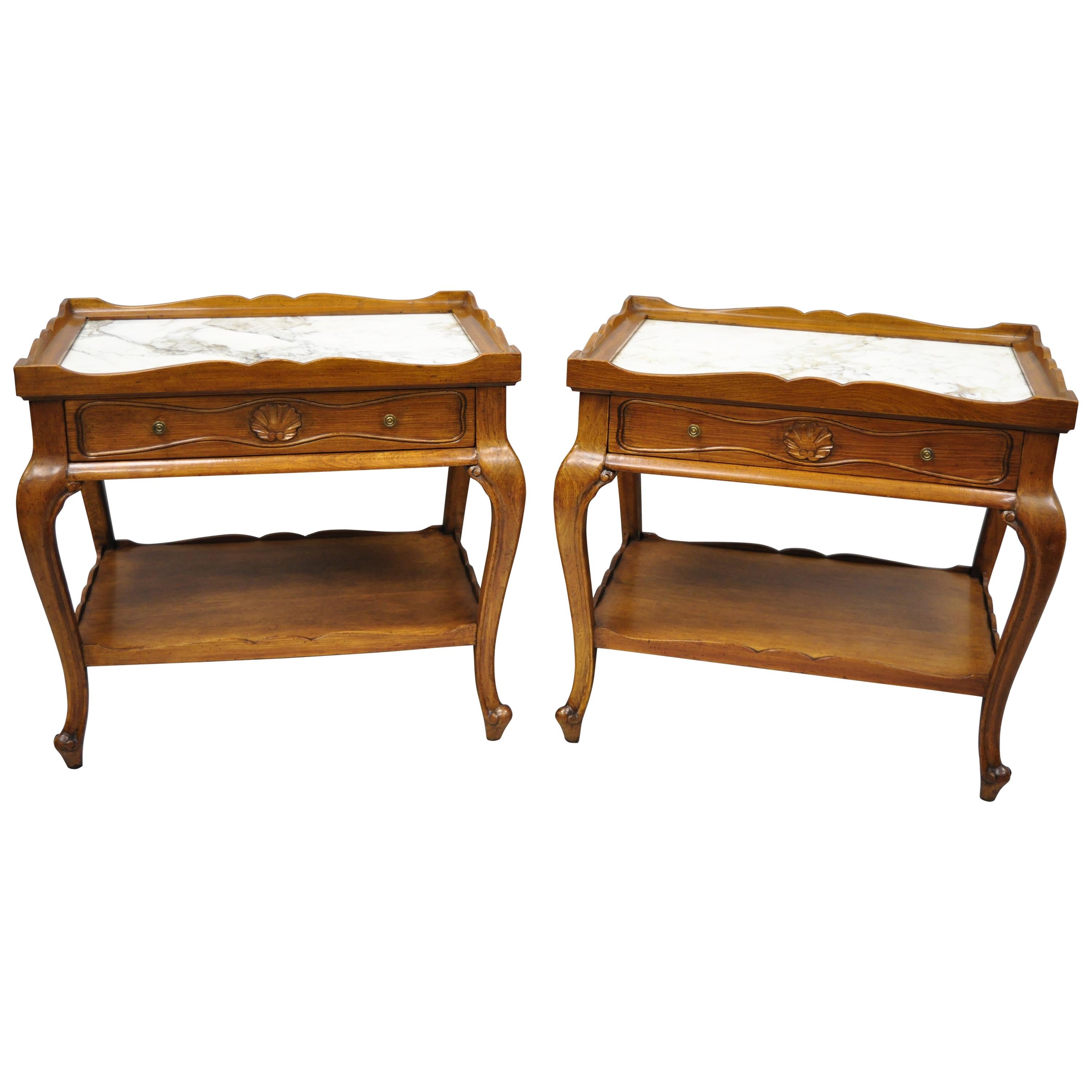 French Provincial Louis XV Style Marble-Top Shell Carved End Tables Danby, Pair For Sale