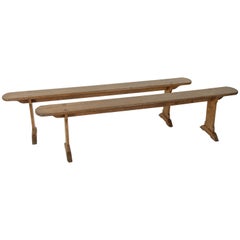 Pair of French Artisan Made Oak Farm Table Benches from Normandy, circa 1920