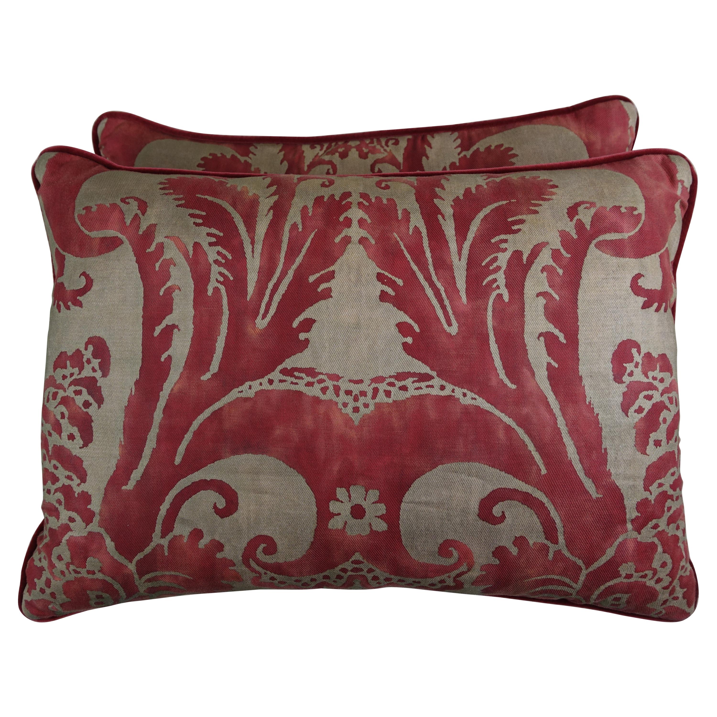 Crimson Red and Gold Fortuny Pillows, Pair