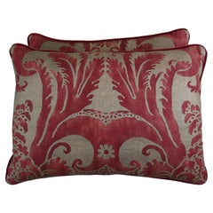 Antique Crimson Red and Gold Fortuny Pillows, Pair