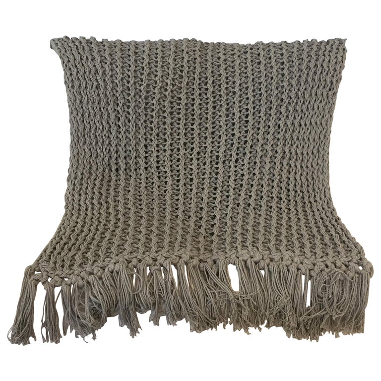 Organic Modern Recycled Open Weave Cotton Throw with Fringe, in Grey, in Stock For Sale