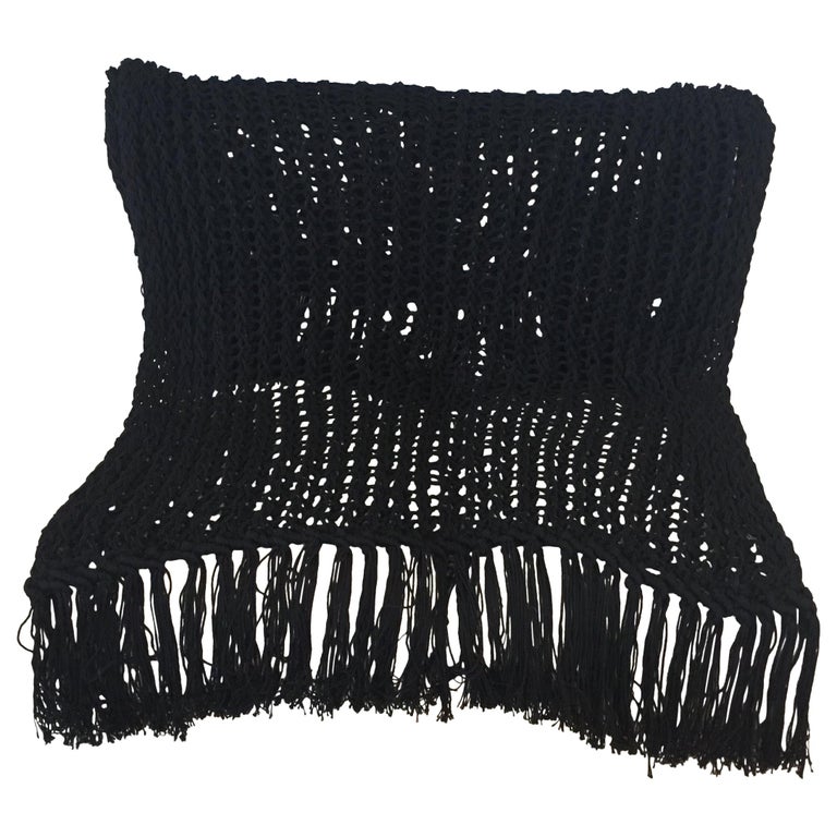 Organic Modern Recycled Open Weave Cotton Throw with Fringe, in Black, in Stock For Sale